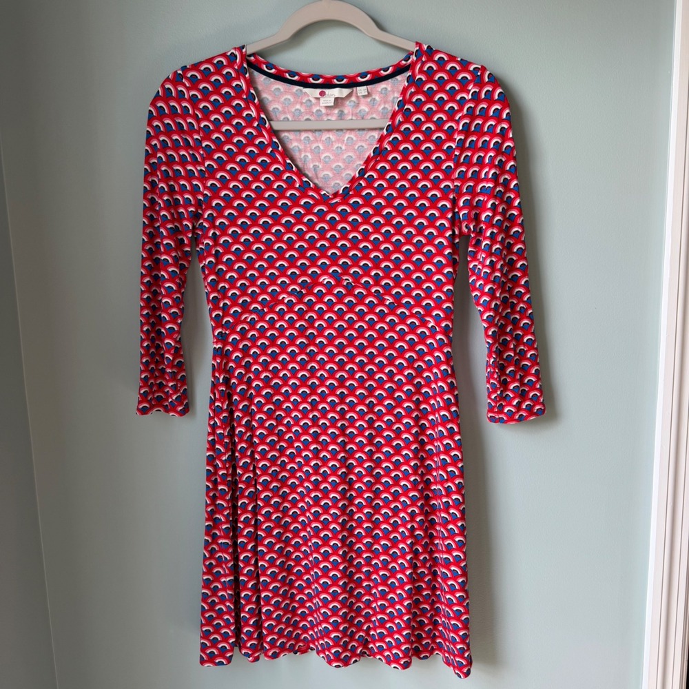 Boden Jersey A-Line Dress Red Blue Geometric V-Neck 3/4 Sleeve Size 2P Petite